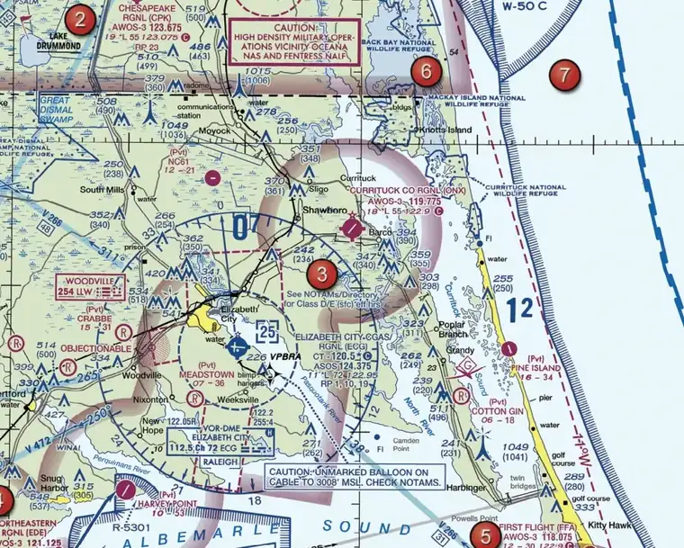 FAA sectional chart excerpt near Elizabeth City, North Carolina